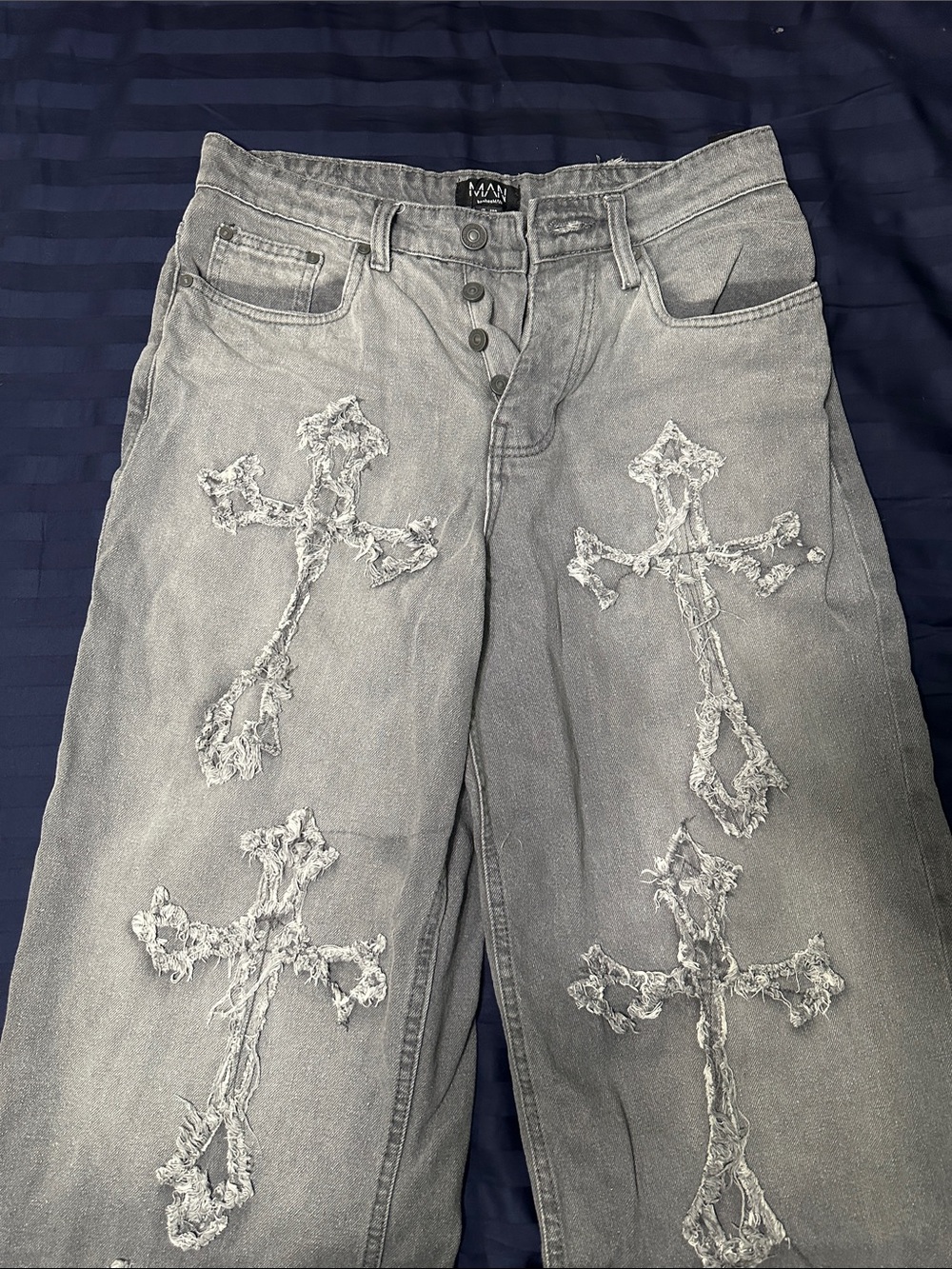 MAN Grey Straight-Leg Jeans with Distressed Cross Applique